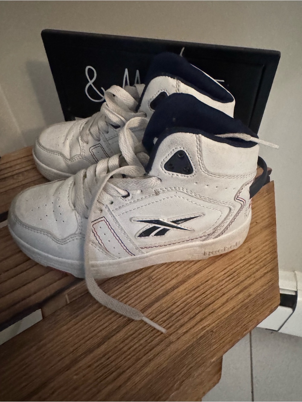 🎱 Reebok Kids White and Navy High-Top Sneakers with Black Logo